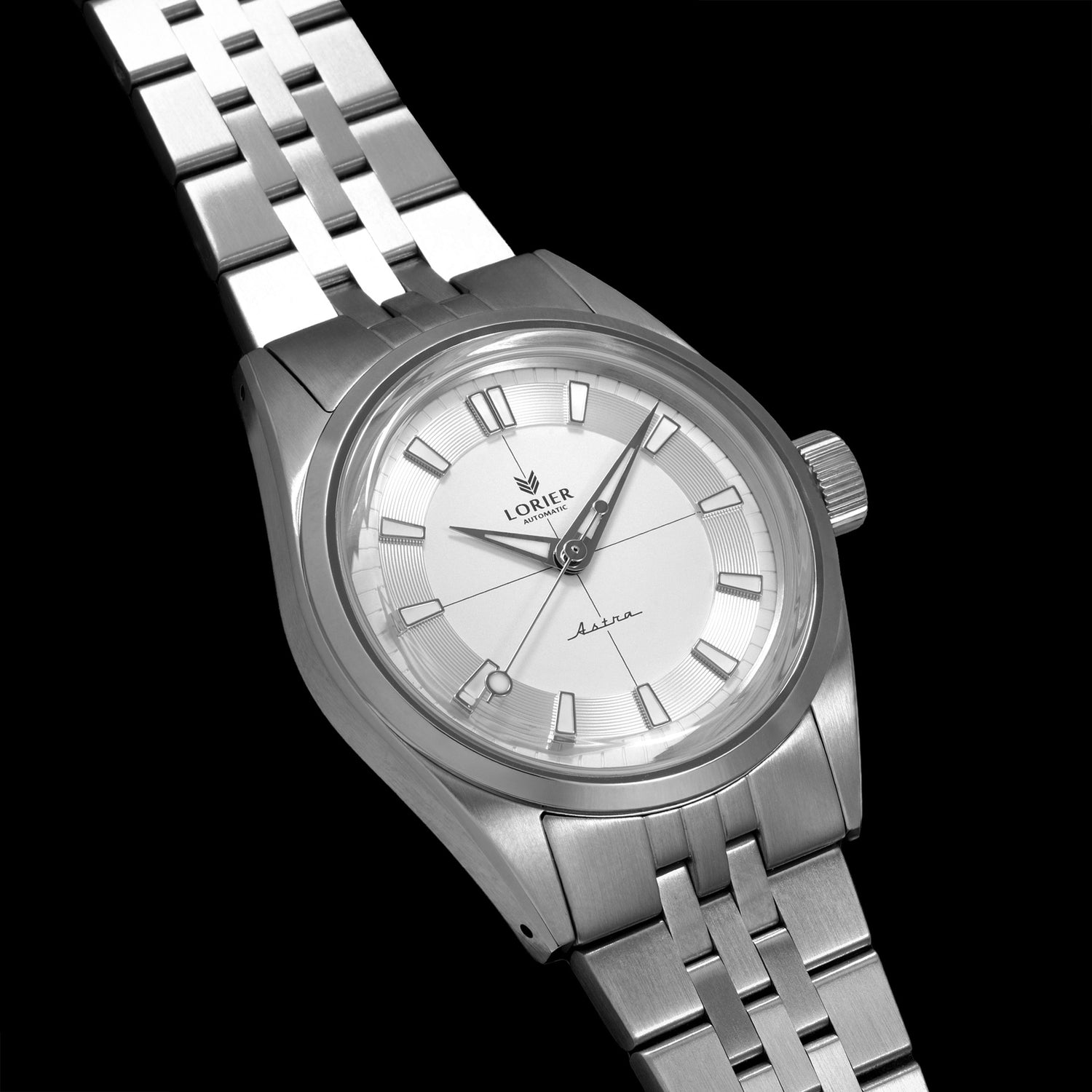 A Lorier Astra wristwatch with a white dial and stainless steel case and five-link bracelet, shown against a solid black background.