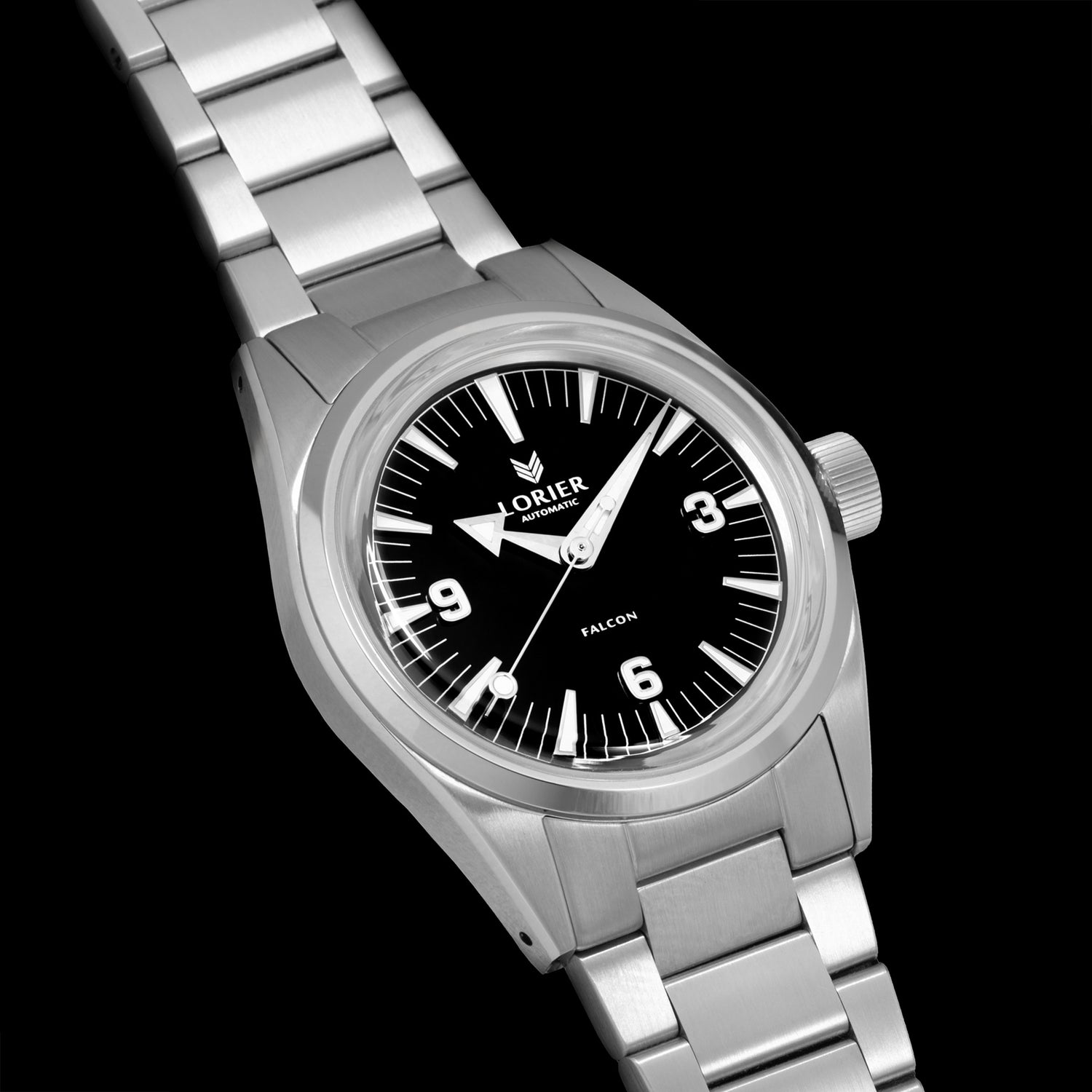 A Lorier Falcon wristwatch with a black dial and stainless steel case and three-link bracelet, shown against a solid black background.