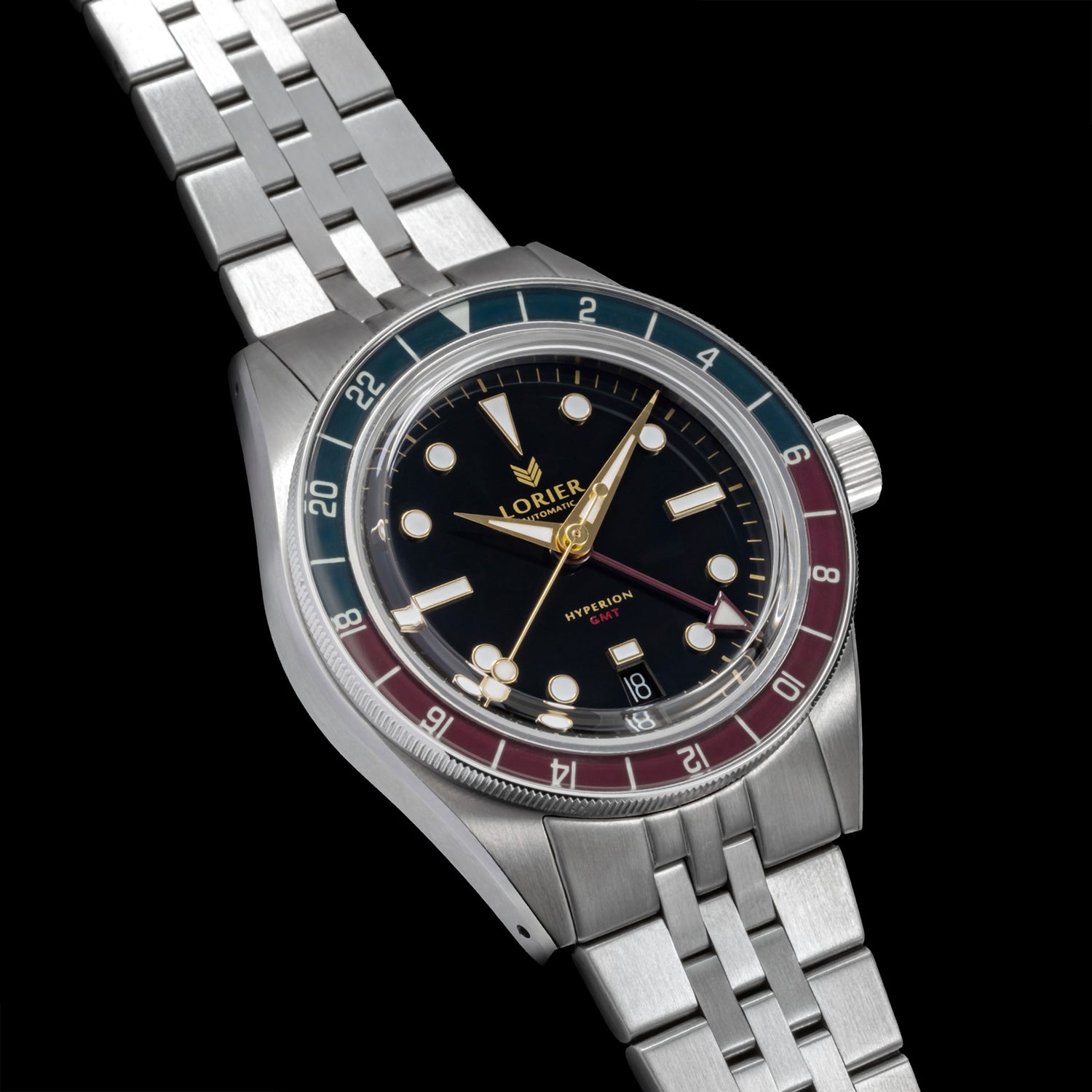 A Lorier Hyperion wristwatch with a black dial and stainless steel case and five-link bracelet, shown against a solid black background.