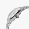 Lorier Astra automatic watch side profile on white background, brushed steel case with polished bezel, engraved Lorier crown, and five-link bracelet.