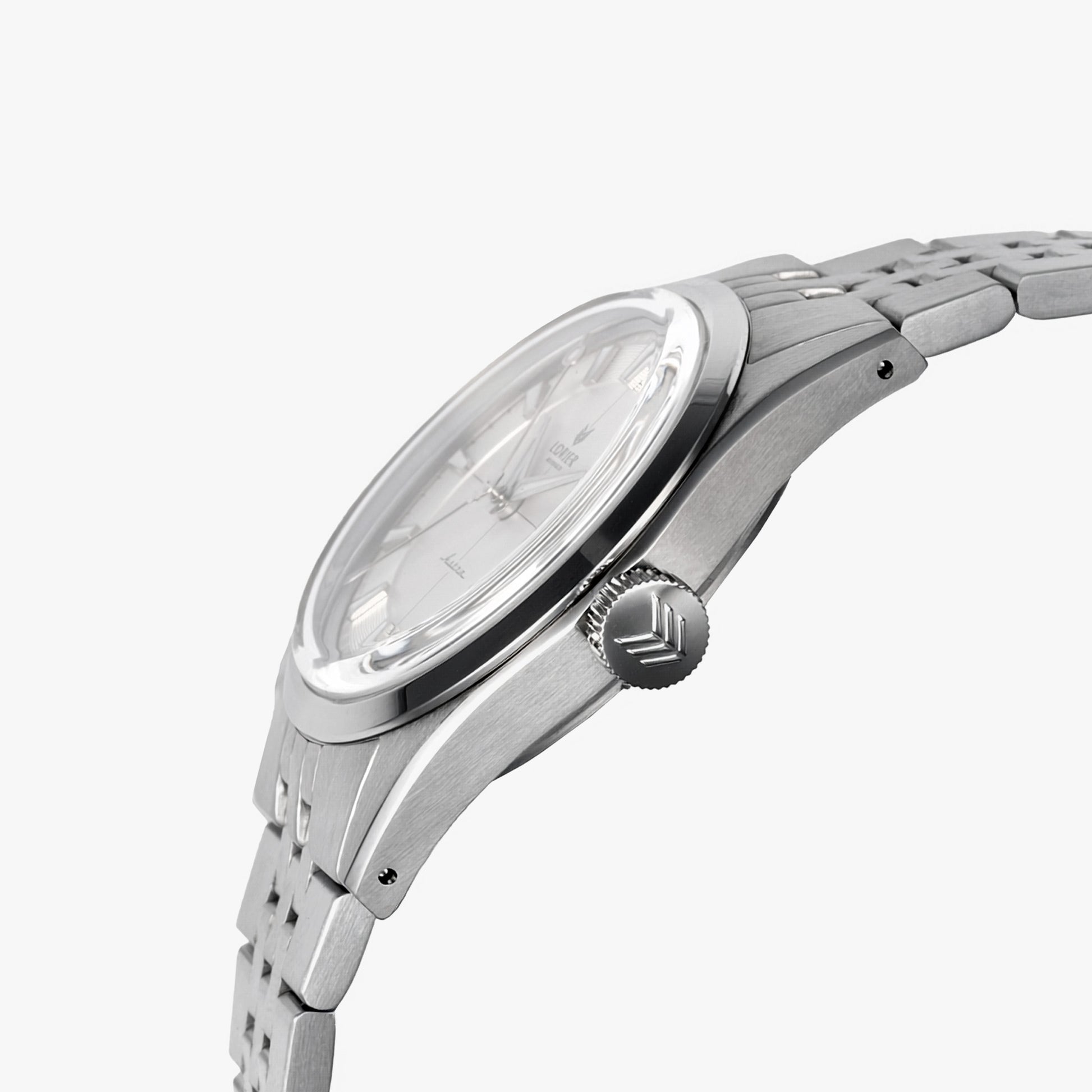 Lorier Astra automatic watch side profile on white background, brushed steel case with polished bezel, engraved Lorier crown, and five-link bracelet.