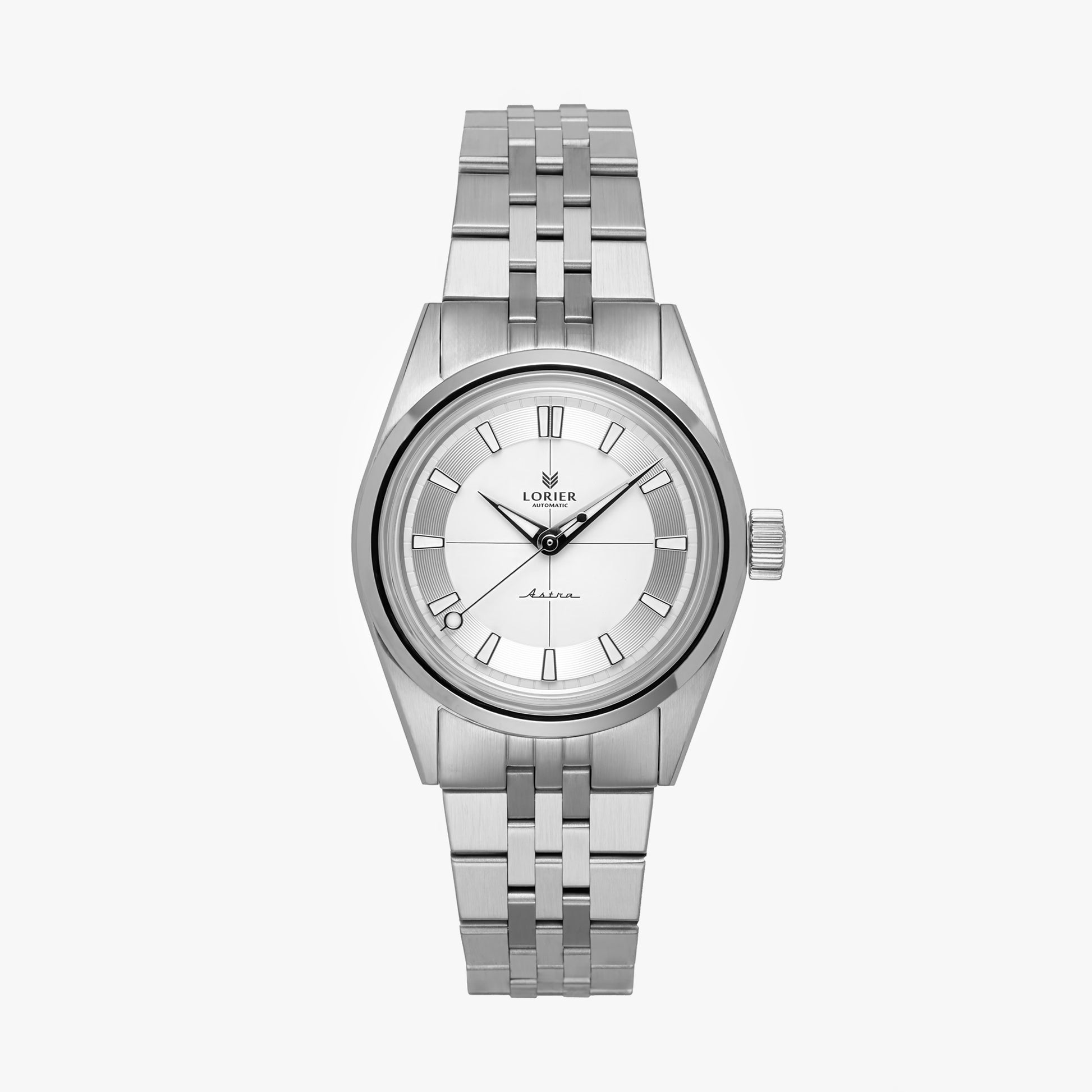 Lorier Astra automatic watch on white background, brushed steel case and bracelet, silver-white dial with baton hour markers, and dome crystal.