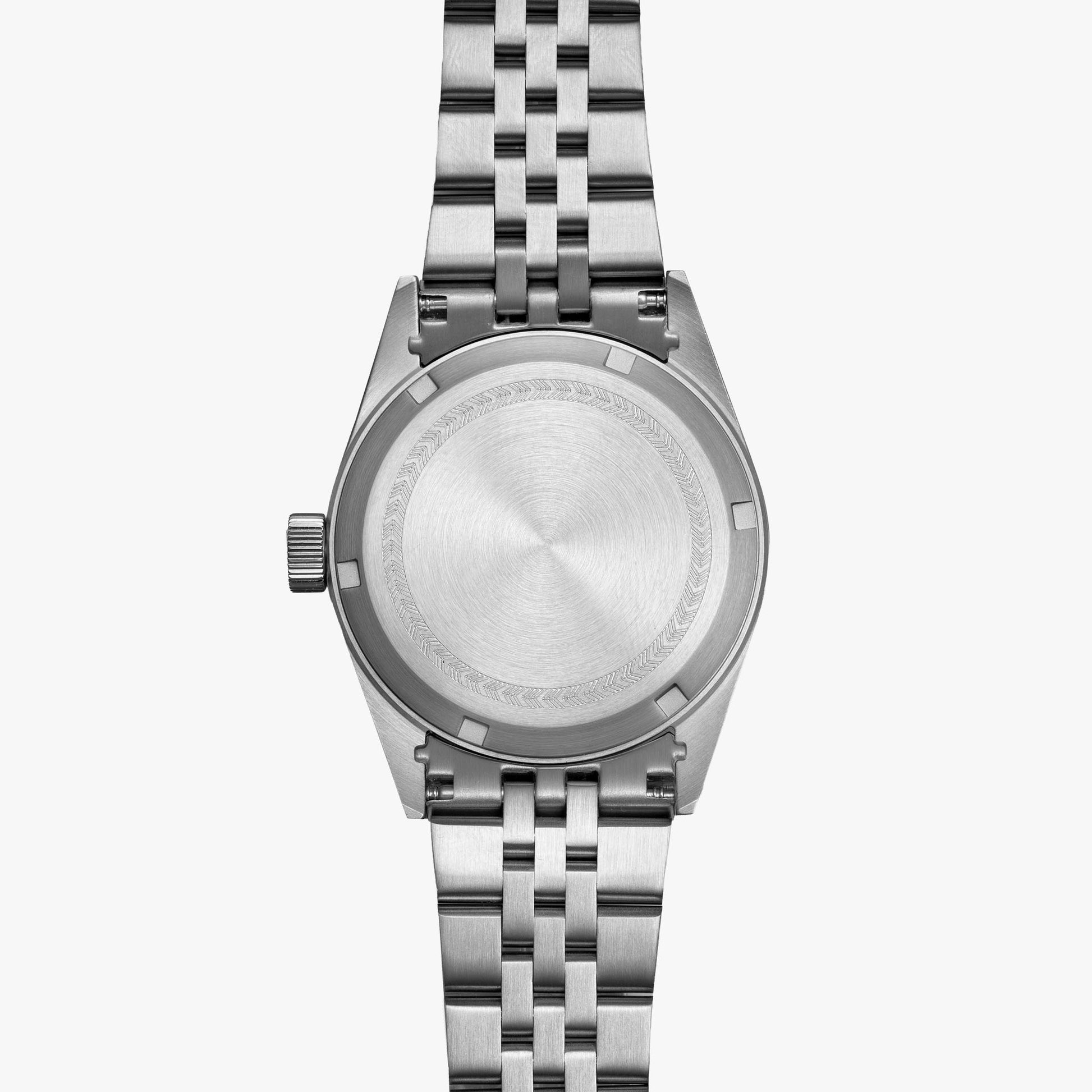 Lorier Astra automatic watch caseback on white background, brushed steel case with engraved chevron pattern ring, five-link bracelet.