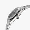 A close-up side profile of the Lorier Falcon watch. It has a stainless steel case and three-link bracelet, a black dial, and a prominent ridged crown, shown against a light gray background.
