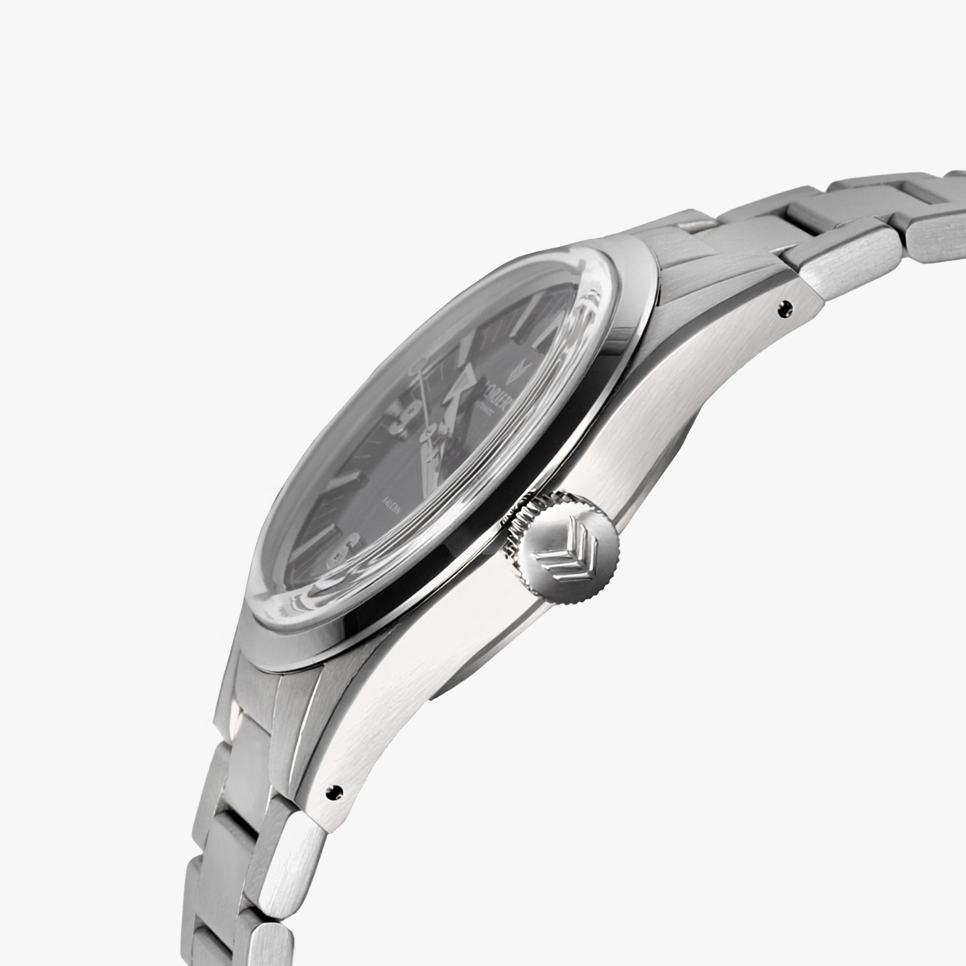A close-up side profile of the Lorier Falcon watch. It has a stainless steel case and three-link bracelet, a black dial, and a prominent ridged crown, shown against a light gray background.