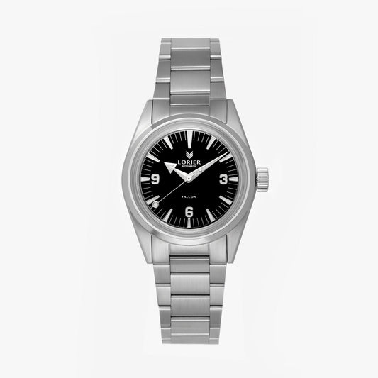 Lorier Falcon wristwatch with a stainless steel case and three-link bracelet, featuring a black dial with white Arabic numerals and hands.