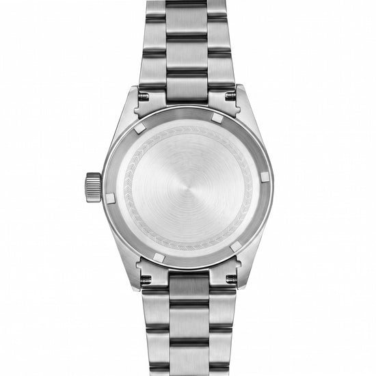 Lorier Falcon shown from the back with a brushed circular case back and crown on the left, against a plain white background.