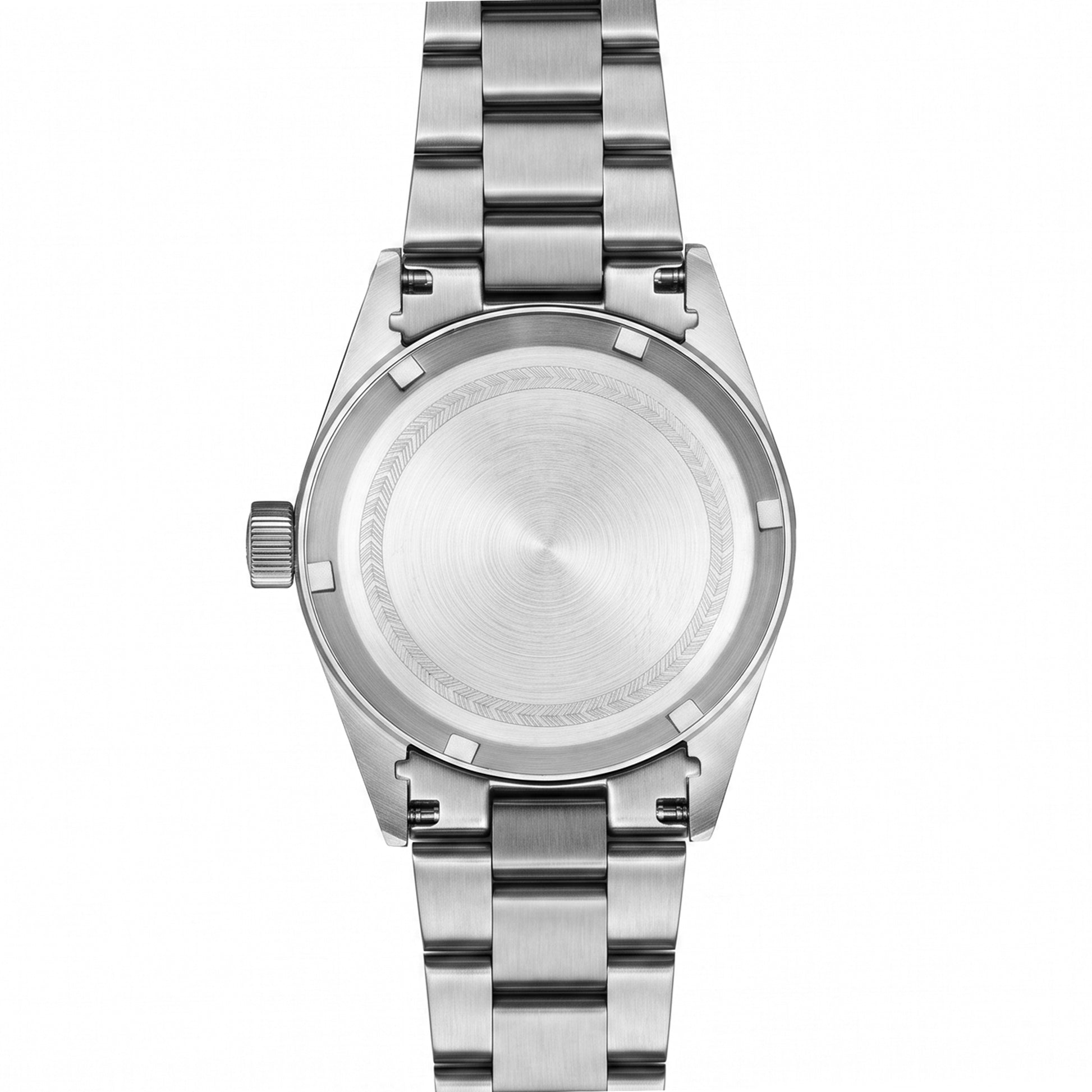 Lorier Falcon shown from the back with a brushed circular case back and crown on the left, against a plain white background.