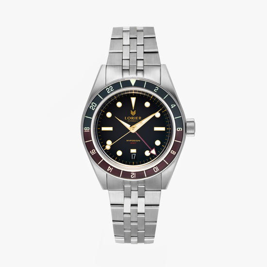 Lorier Hyperion GMT automatic watch on white background, brushed steel case and bracelet, black dial with gilt handset and red GMT hand, bi-color 24-hour bezel, and dome crystal.