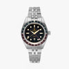 Lorier Hyperion GMT automatic watch on white background, brushed steel case and bracelet, black dial with gilt handset and red GMT hand, bi-color 24-hour bezel, and dome crystal.