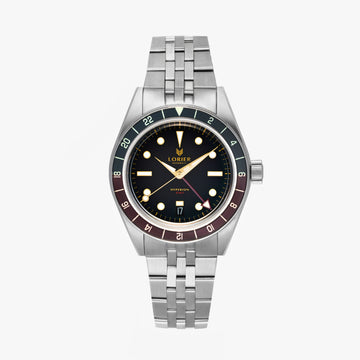 Lorier Hyperion GMT automatic watch on white background, brushed steel case and bracelet, black dial with gilt handset and red GMT hand, bi-color 24-hour bezel, and dome crystal.