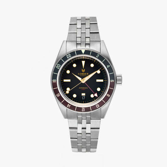 Lorier Hyperion GMT automatic watch on white background, brushed steel case and bracelet, black dial with gilt handset and red GMT hand, bi-color 24-hour bezel, and dome crystal.