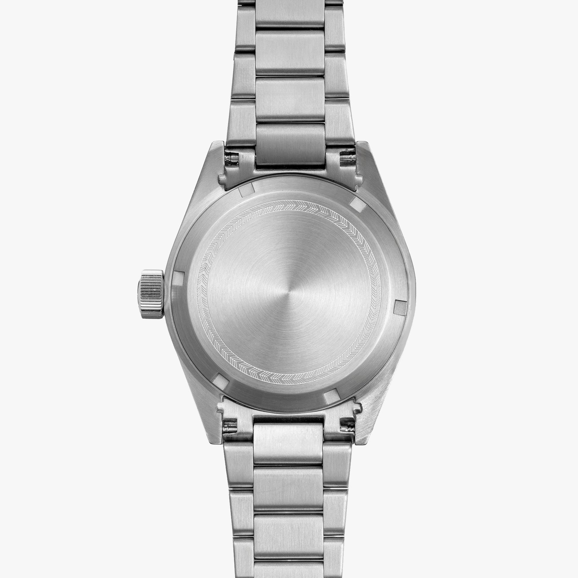 Lorier Neptune automatic dive watch caseback on white background, brushed steel case with engraved chevron pattern ring, three-link bracelet.