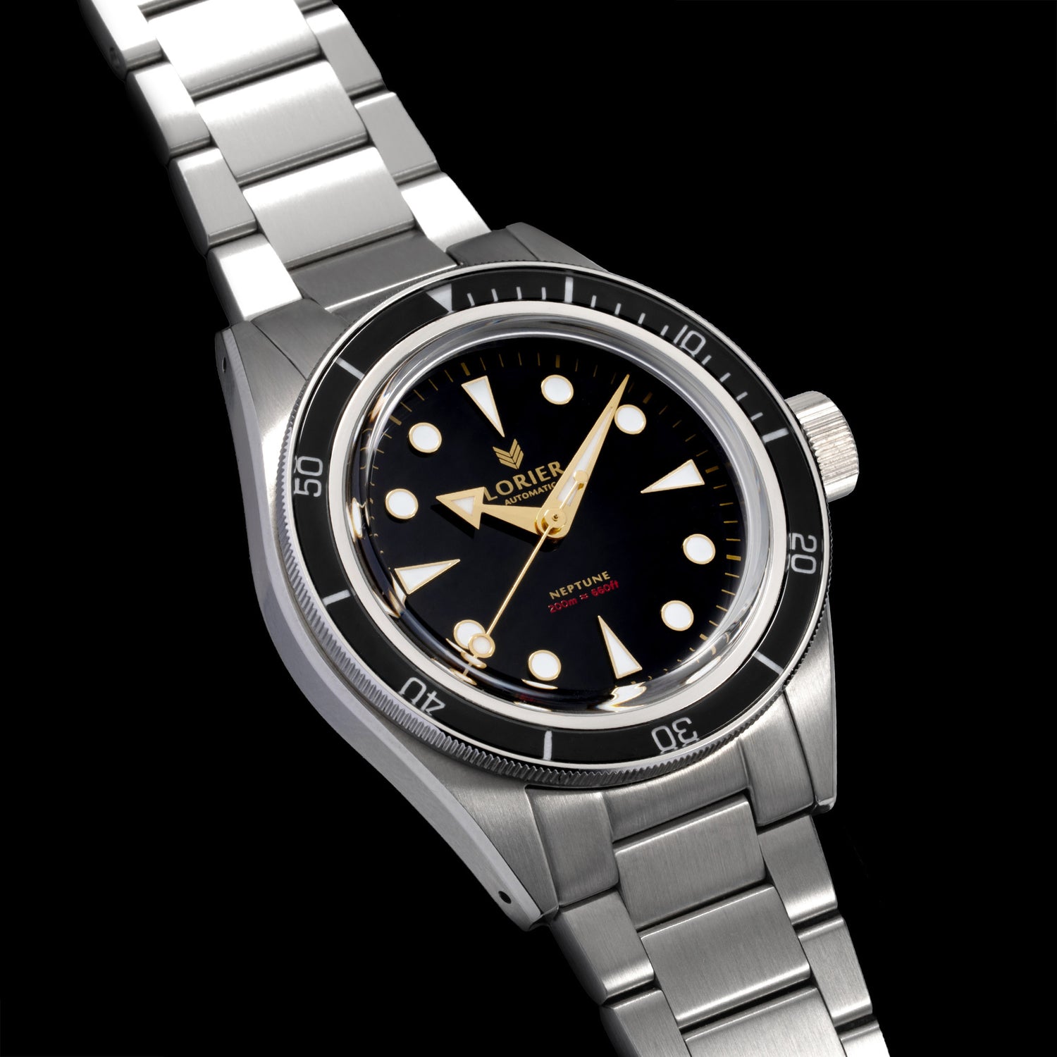 A Lorier Neptune wristwatch with a black dial and stainless steel case and three-link bracelet, shown against a solid black background.