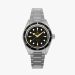 A Lorier Neptune wristwatch with a stainless steel case and three-link bracelet, featuring a black dial with gold-tone hands and hour markers, and a black rotating bezel.