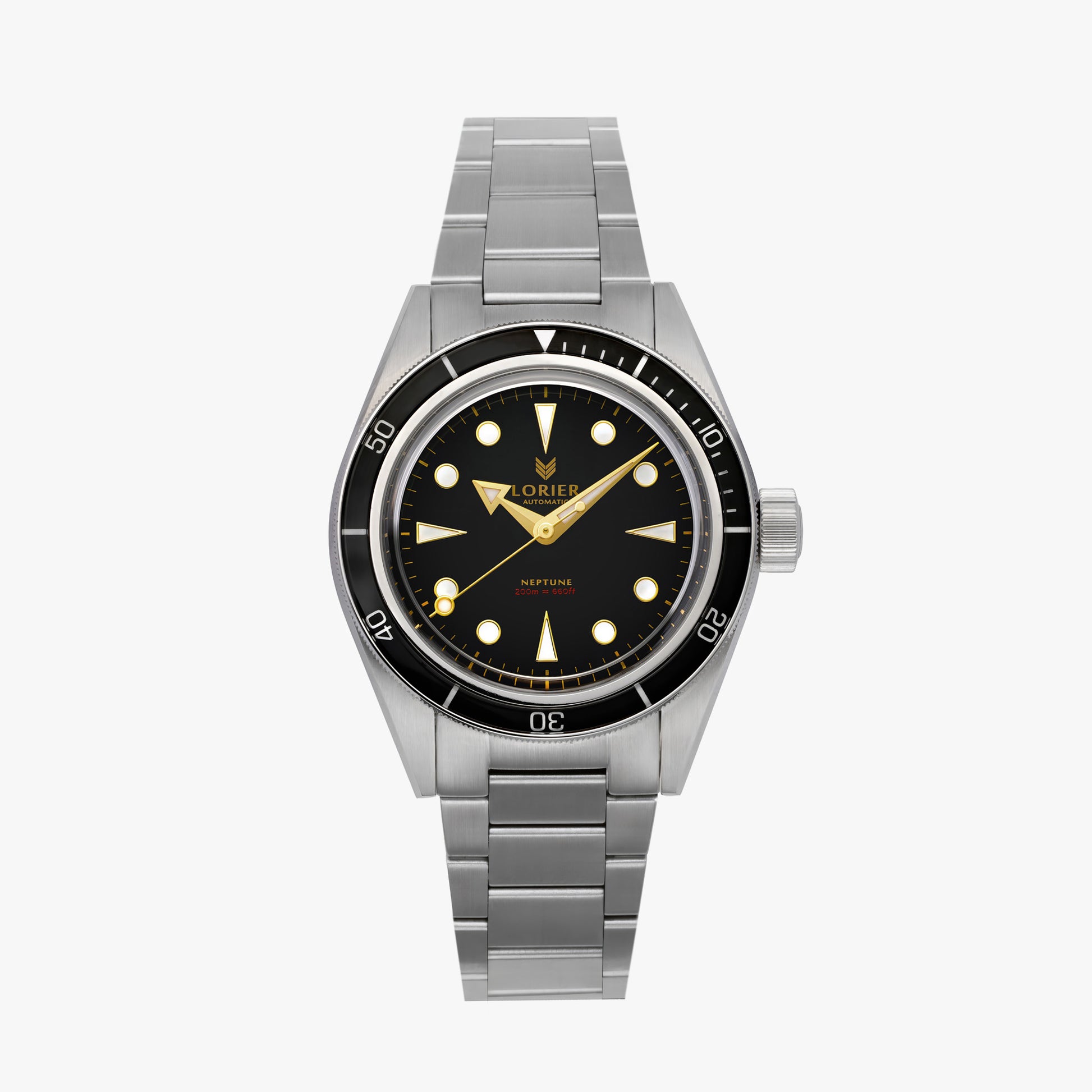 A Lorier Neptune wristwatch with a stainless steel case and three-link bracelet, featuring a black dial with gold-tone hands and hour markers, and a black rotating bezel.