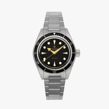 A Lorier Neptune wristwatch with a stainless steel case and three-link bracelet, featuring a black dial with gold-tone hands and hour markers, and a black rotating bezel.