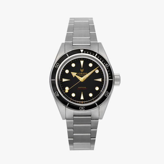 A Lorier Neptune wristwatch with a stainless steel case and three-link bracelet, featuring a black dial with gold-tone hands and hour markers, and a black rotating bezel.